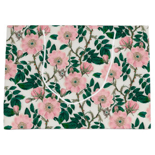 Bolsa De Regalo Grande Flores de Rosa salvajes rosadas y patrón de hojas 