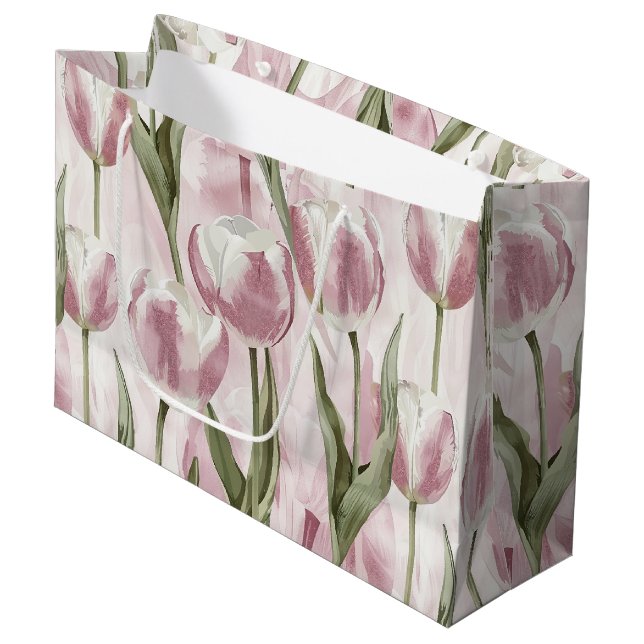 Bolsa De Regalo Grande Flores de Tulipán Blancas Rosa Chic Cumpleaños (Angulo Anverso)