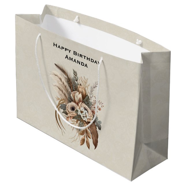 Bolsa De Regalo Grande Flores elegantes Foliage y Feathers Cumpleaños (Angulo reverso)