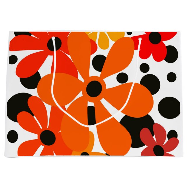 Bolsa De Regalo Grande Flores funky naranja y puntos de polka negro (Anverso)