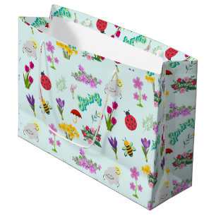 Bolsa De Regalo Grande Flores primaverales y bichos cuelgan el azul color