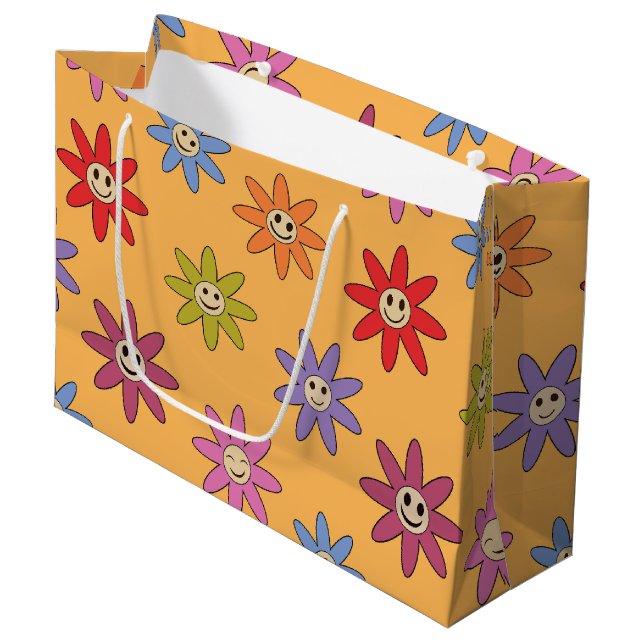 Bolsa De Regalo Grande Flores retro sonrientes felices sobre amarillo (Angulo Anverso)