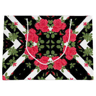 Bolsa De Regalo Grande Flores rojas florales caleidoscópicas blanco negro