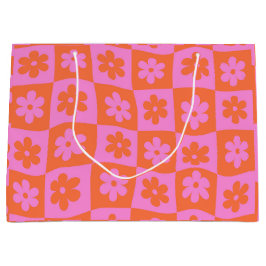 Bolsa De Regalo Grande Flores rosadas y naranjas retro deformadas a cuadr