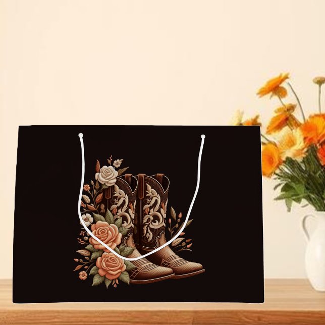 Bolsa De Regalo Grande Flores rurales occidentales con boots de vaquero (Country Western Flowers with Cowboy Boots Large Gift Bag )