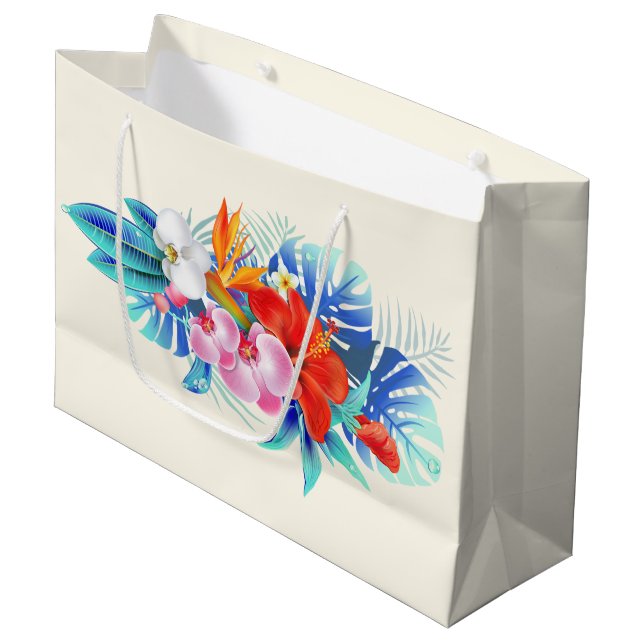 Bolsa De Regalo Grande Flores tropicales exóticas - rosa y acuamarina (Angulo Anverso)