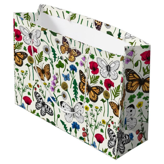 Bolsa De Regalo Grande Flores y mariposas silvestres en blanco (Angulo reverso)