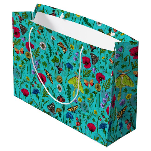 Bolsa De Regalo Grande Flores y polillas silvestres en verde azulado (Angulo reverso)