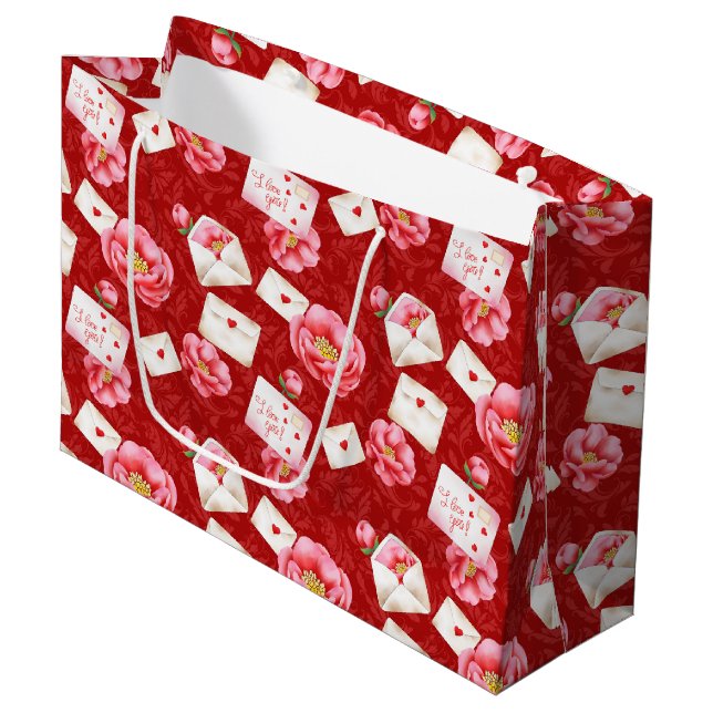 BOLSA DE REGALO GRANDE FLORES Y VALENTINAS DE ROSA NOTAS DE AMOR (Angulo Anverso)