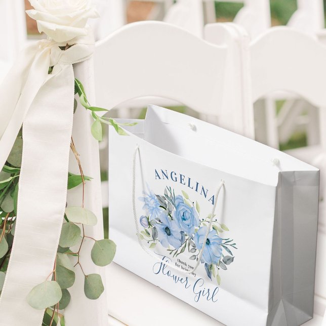 Bolsa De Regalo Grande Flower Girl Blue Peony Boda Floral Gracias (Flower Girl Gift Bag with personalized thank you)