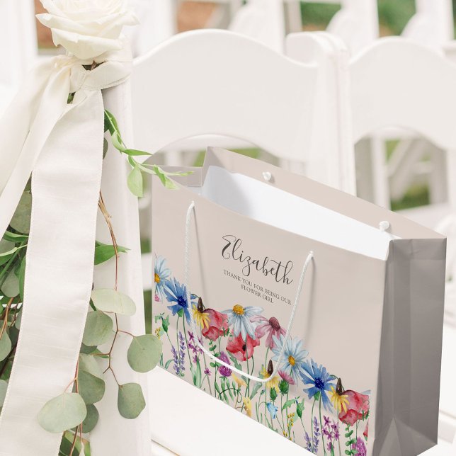 Bolsa De Regalo Grande Flower Girl Wildflower Charm Gracias (Flower Girl Wedding Gift Bag with pretty wildflowers from my Wildflower Charm collection)