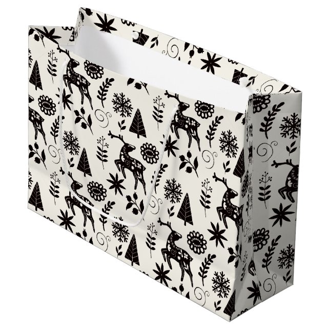 Bolsa De Regalo Grande Folk Art Deer Botanical Black and White (Angulo Anverso)