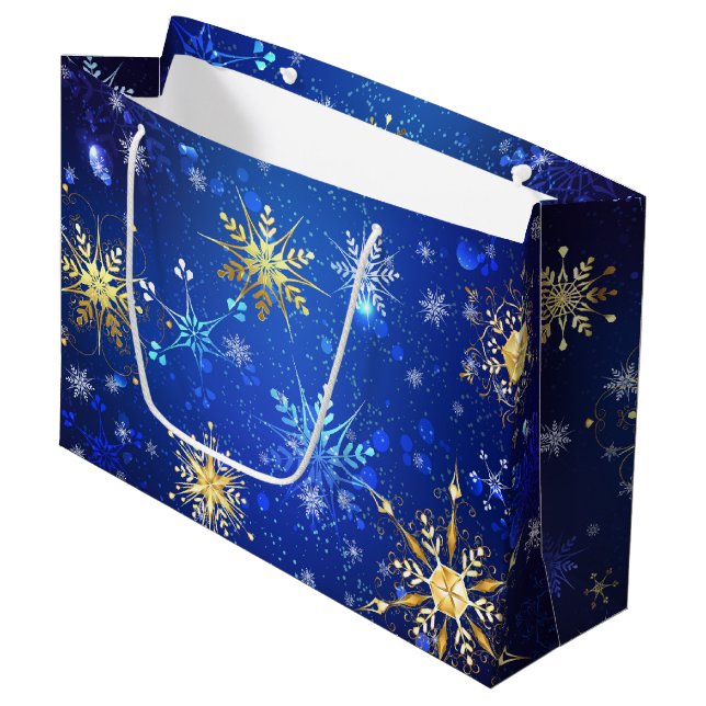 Bolsa De Regalo Grande Fondo azul XMAS con copos de nieve dorados (Angulo Anverso)