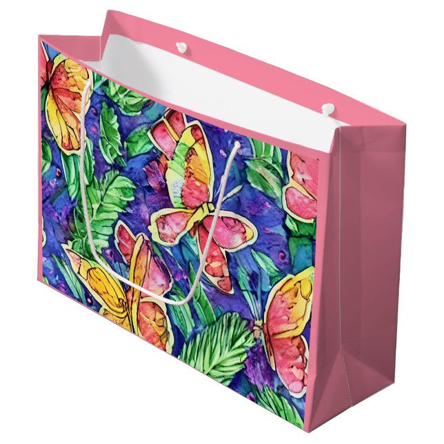Bolsa De Regalo Grande Fondo rosa puro con acuarela de mariposa (Angulo Anverso)