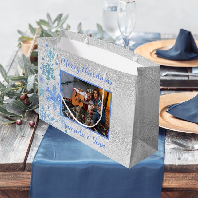 Bolsa De Regalo Grande Foto de copos de nieve azul plateado de los navida (Subido por el creador)