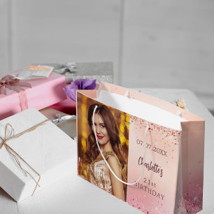 Bolsa De Regalo Grande Foto de oro rosa rosado de cumpleaños