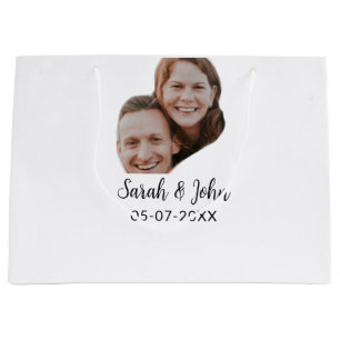 Bolsa De Regalo Grande Foto de pareja con nombre y fecha de boda sencilla