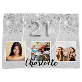 Bolsa De Regalo Grande Foto de purpurina de plata nombre de cumpleaños 21