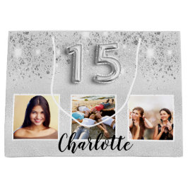 Bolsa De Regalo Grande Foto de purpurina plateado Quinceanera