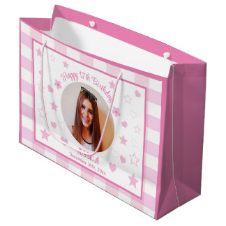 Bolsa De Regalo Grande Foto personalizado Feliz 17 cumpleaños Placa blanc