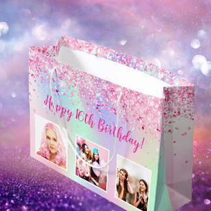 Bolsa De Regalo Grande Fotografía holográfica de color rosa negro de cump
