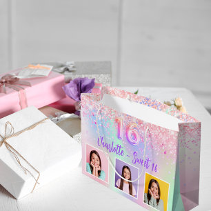 Bolsa De Regalo Grande Fotografía holográfica rosa morado Sweet 16