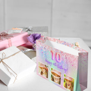 Bolsa De Regalo Grande Fotografía holográfica rosa púrpura de 10 años