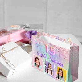 Bolsa De Regalo Grande Fotografía holográfica rosa Quinceanera