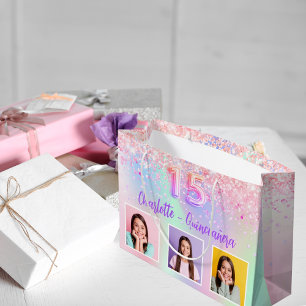 Bolsa De Regalo Grande Fotografía holográfica rosa Quinceanera
