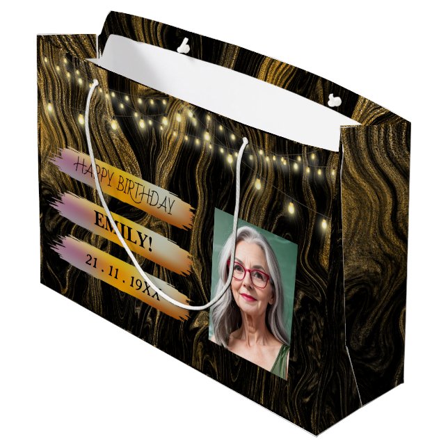 Bolsa De Regalo Grande Fotos de cumpleaños elegante Fiesta blanco negro (Angulo reverso)