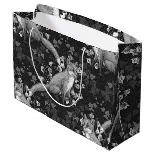 Bolsa De Regalo Grande Fox, bellflores y hiedra, monocromo, pared platead