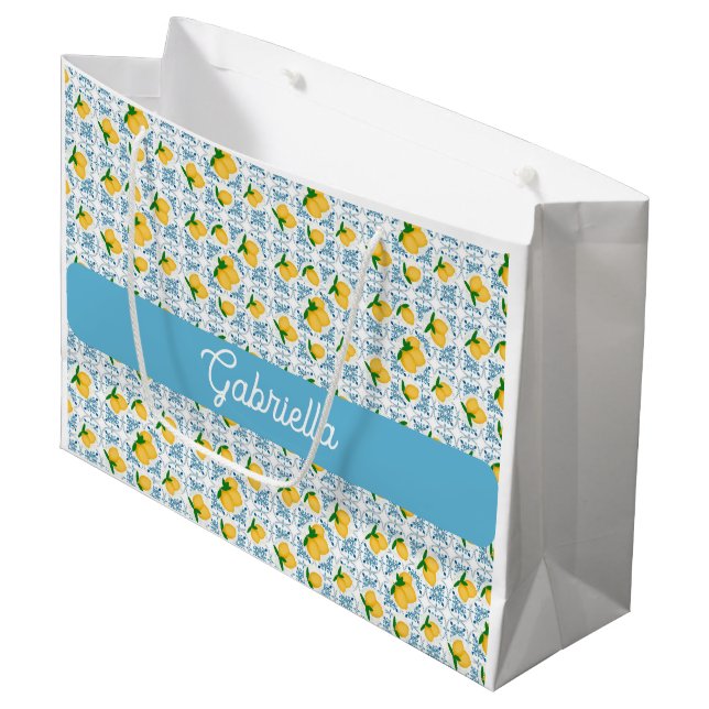 Bolsa De Regalo Grande French Country Lemon Blue Tile Monogram Name (Angulo Anverso)