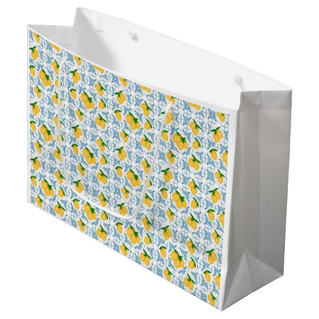 Bolsa De Regalo Grande French Country Lemon Blue Tile Pattern (Angulo Anverso)
