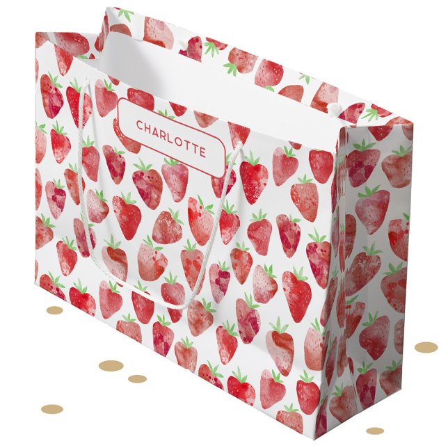 Bolsa De Regalo Grande Fresa acuarela personalizada (Sweet strawberry watercolor pattern personalized name gift bag)