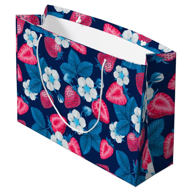 Bolsa De Regalo Grande Fresas rosas en azul (Angulo reverso)