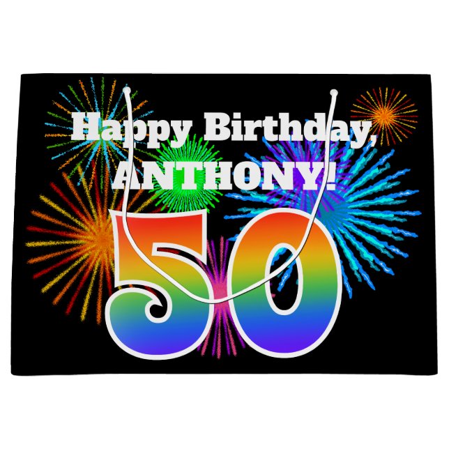 Bolsa De Regalo Grande Fuegos artificiales divertidos + Patrón Arcoiris " (Anverso)