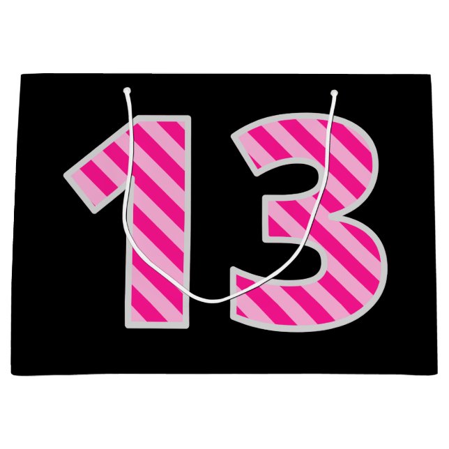 Bolsa De Regalo Grande Fun Pink Striped "13"; Feliz 13 cumpleaños; Nombre (Anverso)