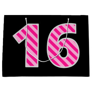 Bolsa De Regalo Grande Fun Pink Striped "16"; Feliz 16 cumpleaños; Nombre