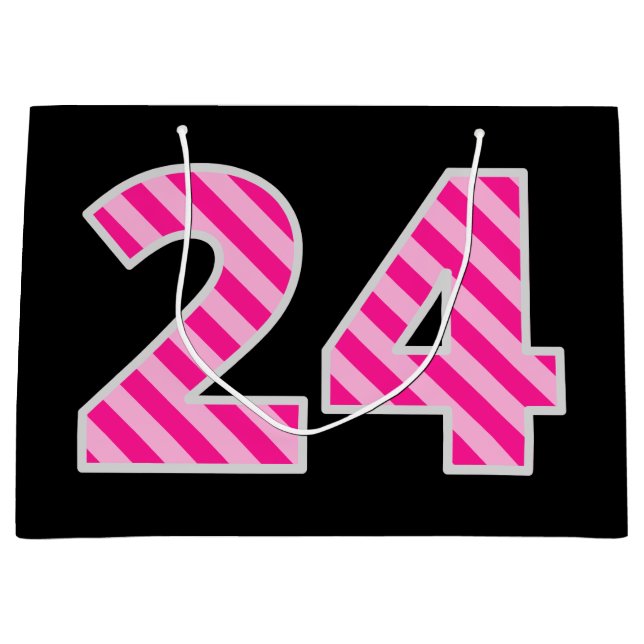 Bolsa De Regalo Grande Fun Pink Striped "24"; Feliz 24 cumpleaños; Nombre (Anverso)