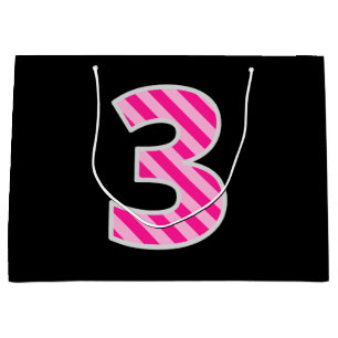 Bolsa De Regalo Grande Fun Pink Striped "3"; Feliz tercer cumpleaños; Nom