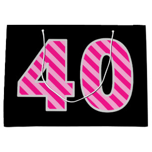Bolsa De Regalo Grande Fun Pink Striped "40"; Feliz 40 cumpleaños; Nombre