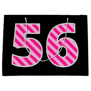 Bolsa De Regalo Grande Fun Pink Striped "56"; Feliz 56 cumpleaños; Nombre