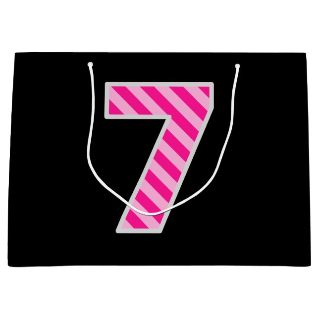 Bolsa De Regalo Grande Fun Pink Striped "7"; Feliz sétimo cumpleaños; Nom (Anverso)