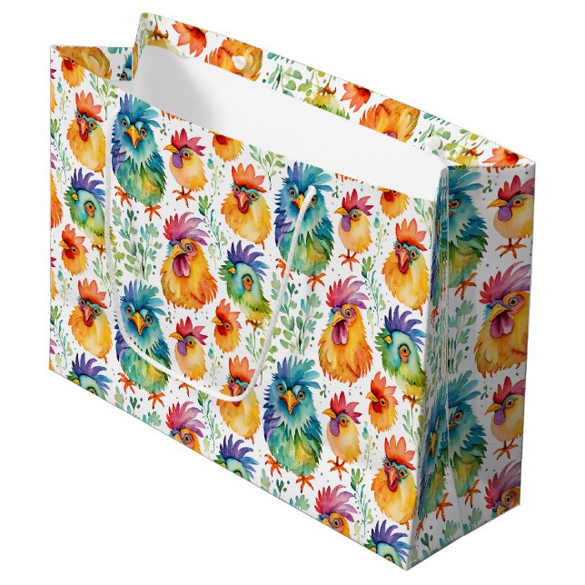 Bolsa De Regalo Grande Funny Whimsical Pollos Coloridos Cumpleaños (Angulo Anverso)
