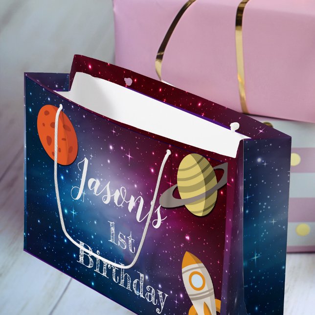Bolsa De Regalo Grande Galaxia Rocket Space Fiesta de primer cumpleaños (Rocket Space Galaxy 1st Birthday Party Large Gift Bag)