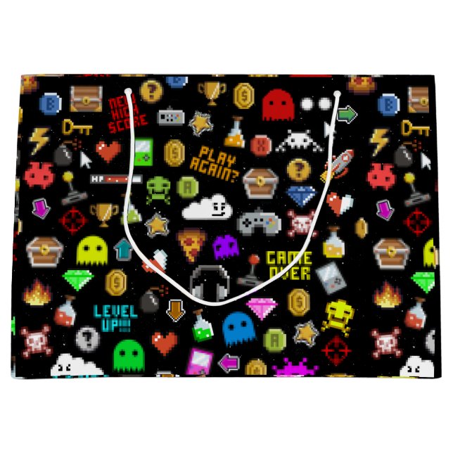 Bolsa De Regalo Grande Gamer retro Pixel Video Gaming Iconos Envolver Pap (Anverso)