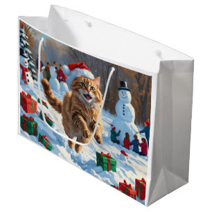 Bolsa De Regalo Grande Gato Angora Turco Corriendo en Sombrero de Navidad