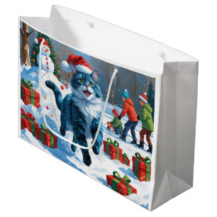 Bolsa De Regalo Grande Gato Azul Oriental Sentado en Sombrero de Navidad
