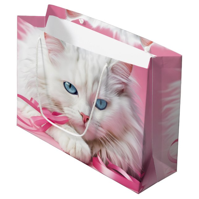 Bolsa De Regalo Grande Gato blanco con cintas rosadas (Angulo Anverso)