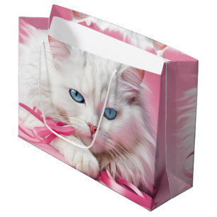 Bolsa De Regalo Grande Gato Blanco Con Cintas Rosas